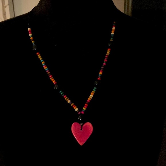 Jewelry - Heart charm fuchsia pink with multi-color beads vintage necklace adjustable